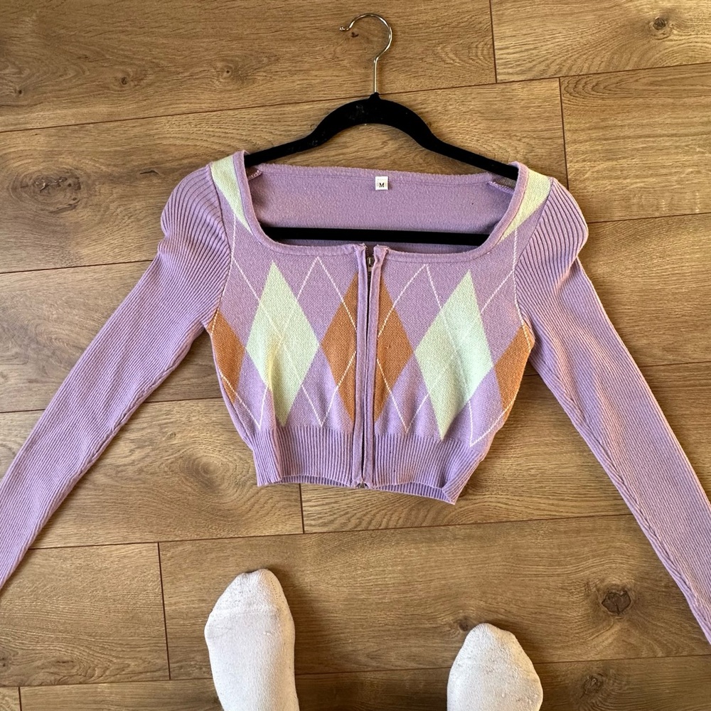 Purple Argyle Cropped Scoopneck Cardigan